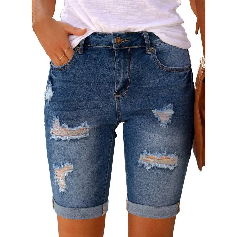Women High Waisted Ripped Bermuda Shorts Denim 10 Inch Casual Fit